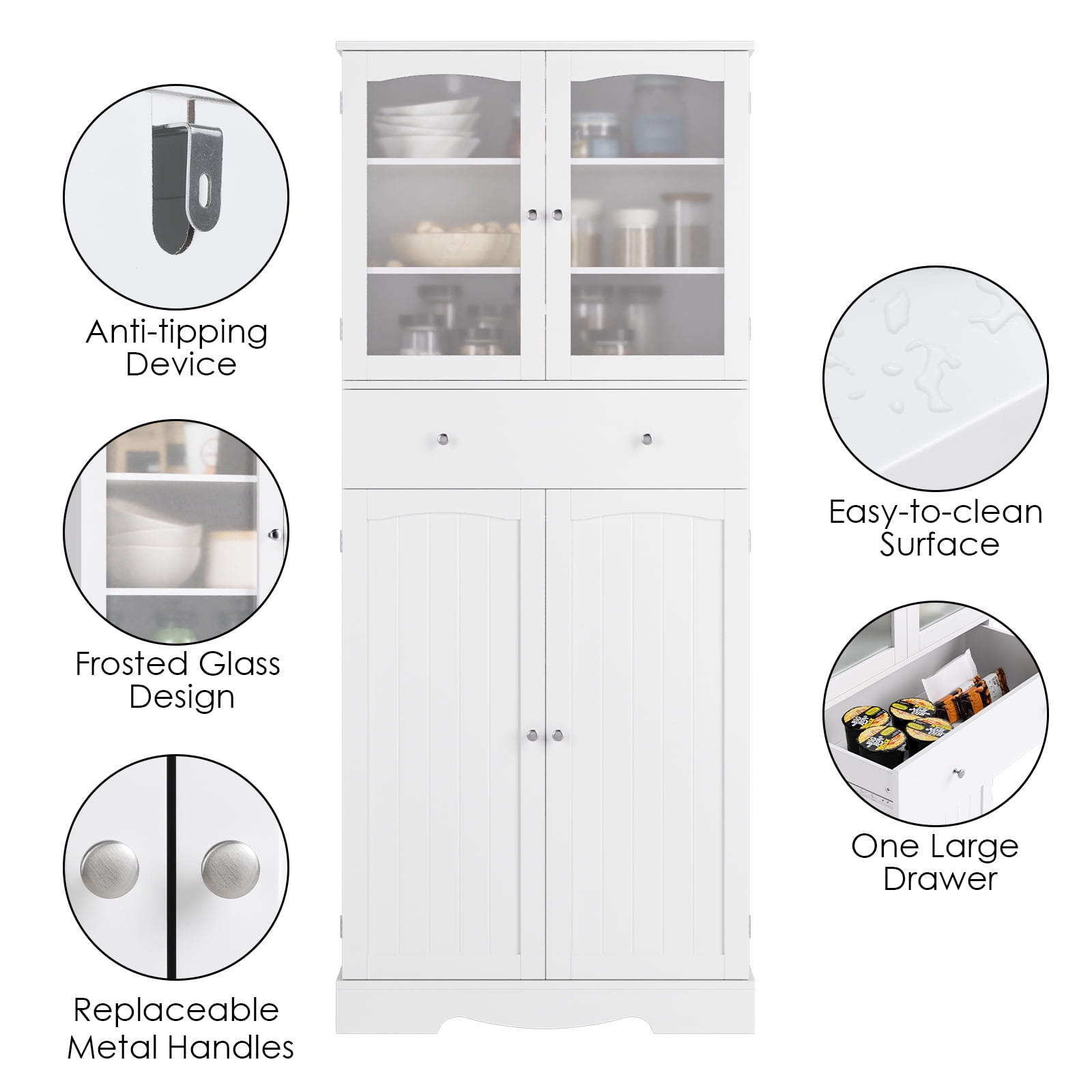 Homfa 70.8'' Kitchen Pantry with 4 Doors, Freestanding Storage Cabinet with Large Drawer for Dining Room, White