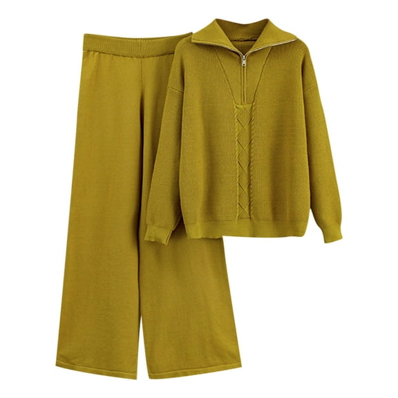 FRSASU Women's 2 Piece Outfits Casual Lapel Half Zip Sweatshirts and Wide Leg Pants Tracksuit Sets Yellow