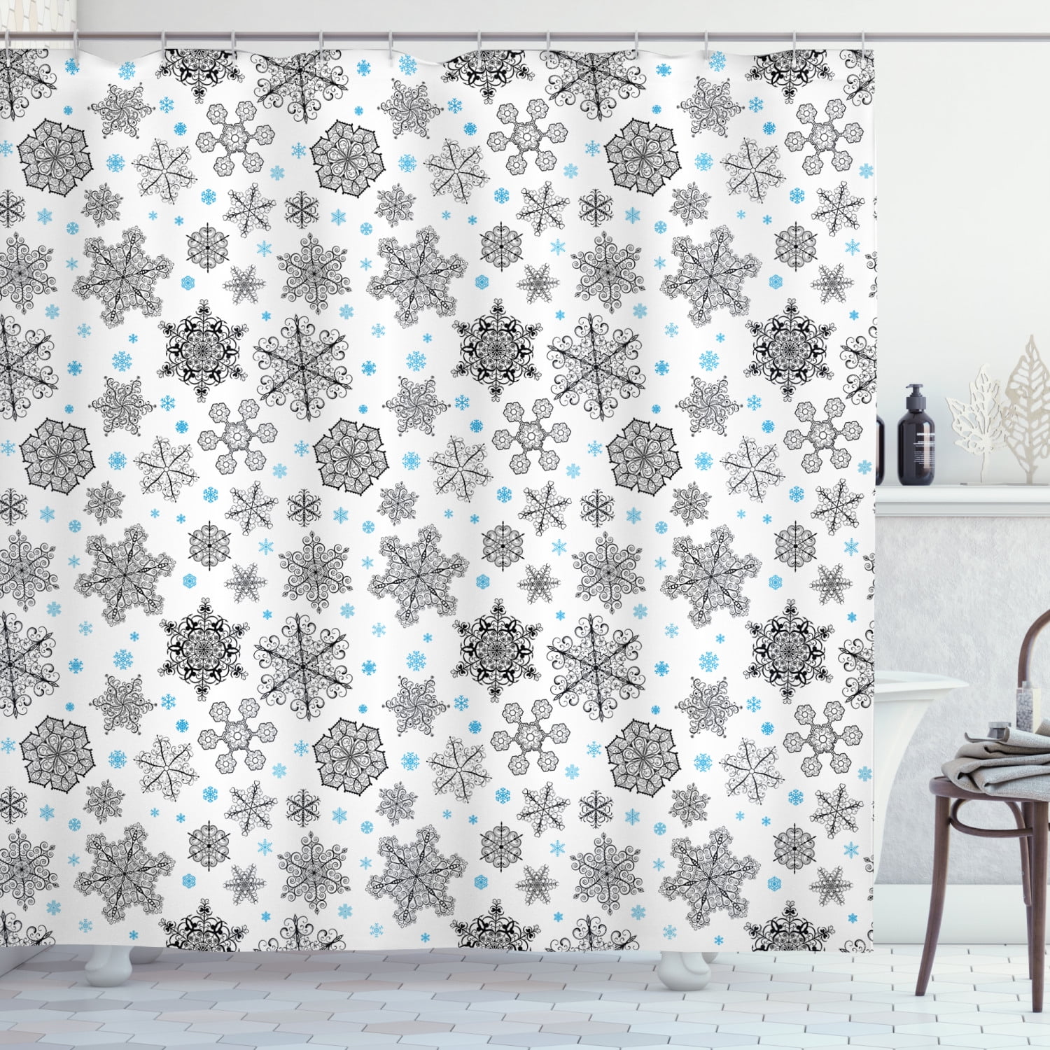 Snowflake Shower Curtain, Lace Style Arrangement of Snowflakes Winter