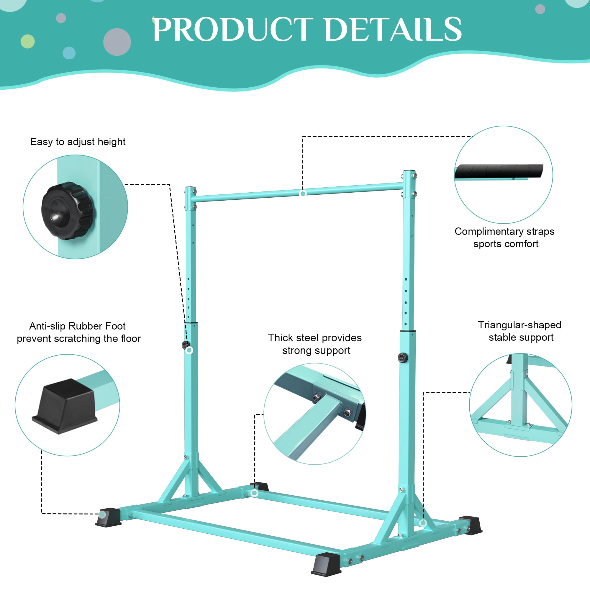 Primy 230LBS Gymnastics Bar for Kids, 39~61inches Adjustable Height Gymnastic Horizontal Bars, Stable Gymnastics Equipment Junior Training Bar for Home Using for Children
