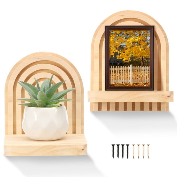 2 Pack Boho Wood Wall Hanging Shelf - Handmade Rainbow Arch Floating Shelves Modern Wall Decor for Bedroom Living Room Nursery Bathroom