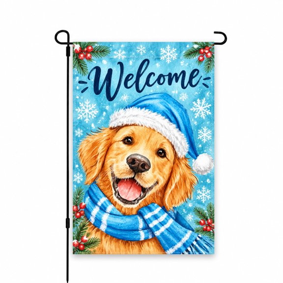 Welcome Garden Flag 12x18 Inch - Golden Retriever Dog in Blue Santa Hat & Scarf, Snowflakes, Holly - Festive Winter Outdoor Yard & Patio Decor