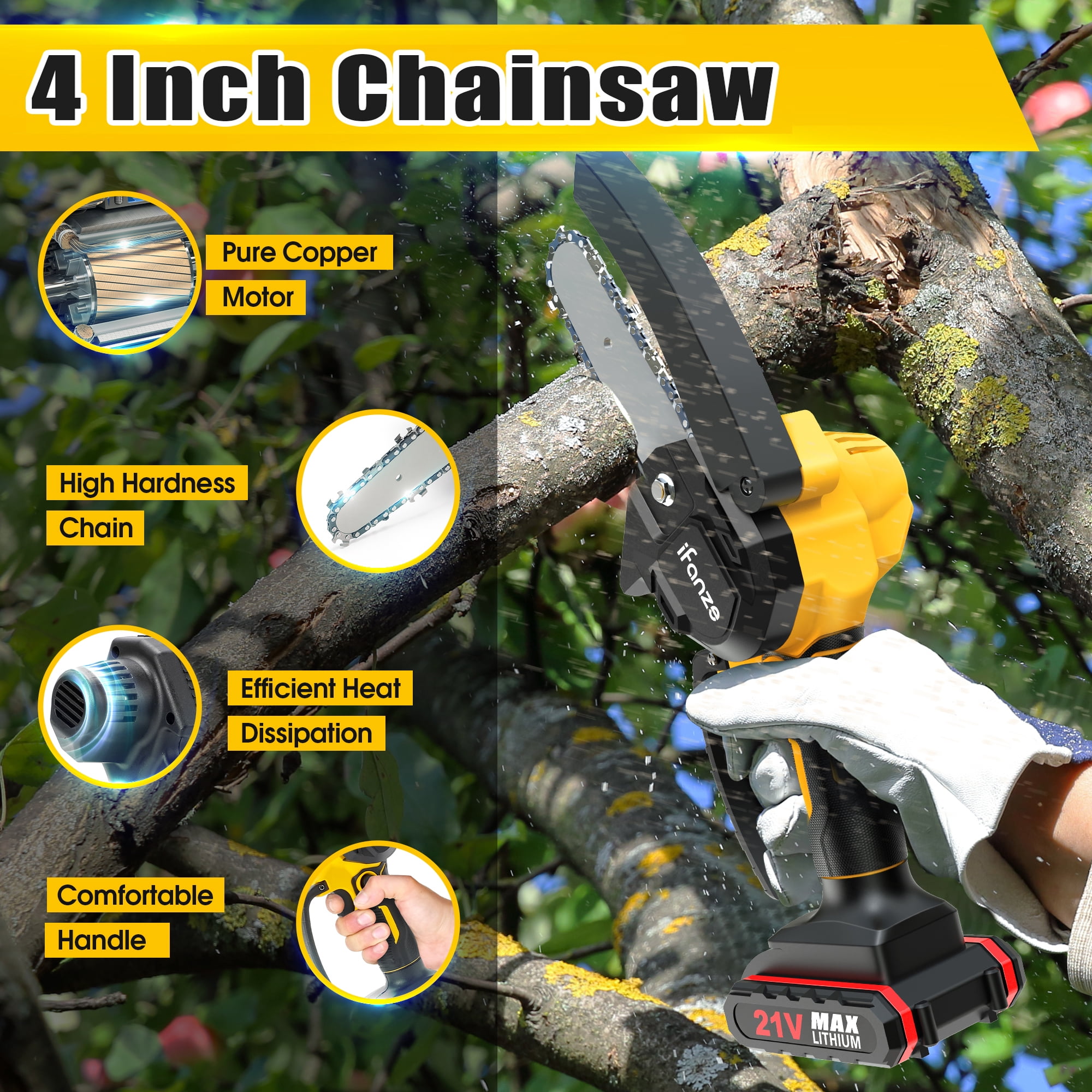 4 inch Mini Chainsaw with 2 Battery, Portable Cordless Lightweight Handled Chain Saws for Wood Cutting Tree Trimming - Black