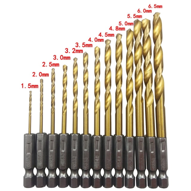 de Brocas de material acero de con Revestimiento de de 13 Piezas 1/4 ", Vástago Hexagonal de 1,5-6,5 Mm DYNWAVEMX Juego de brocas