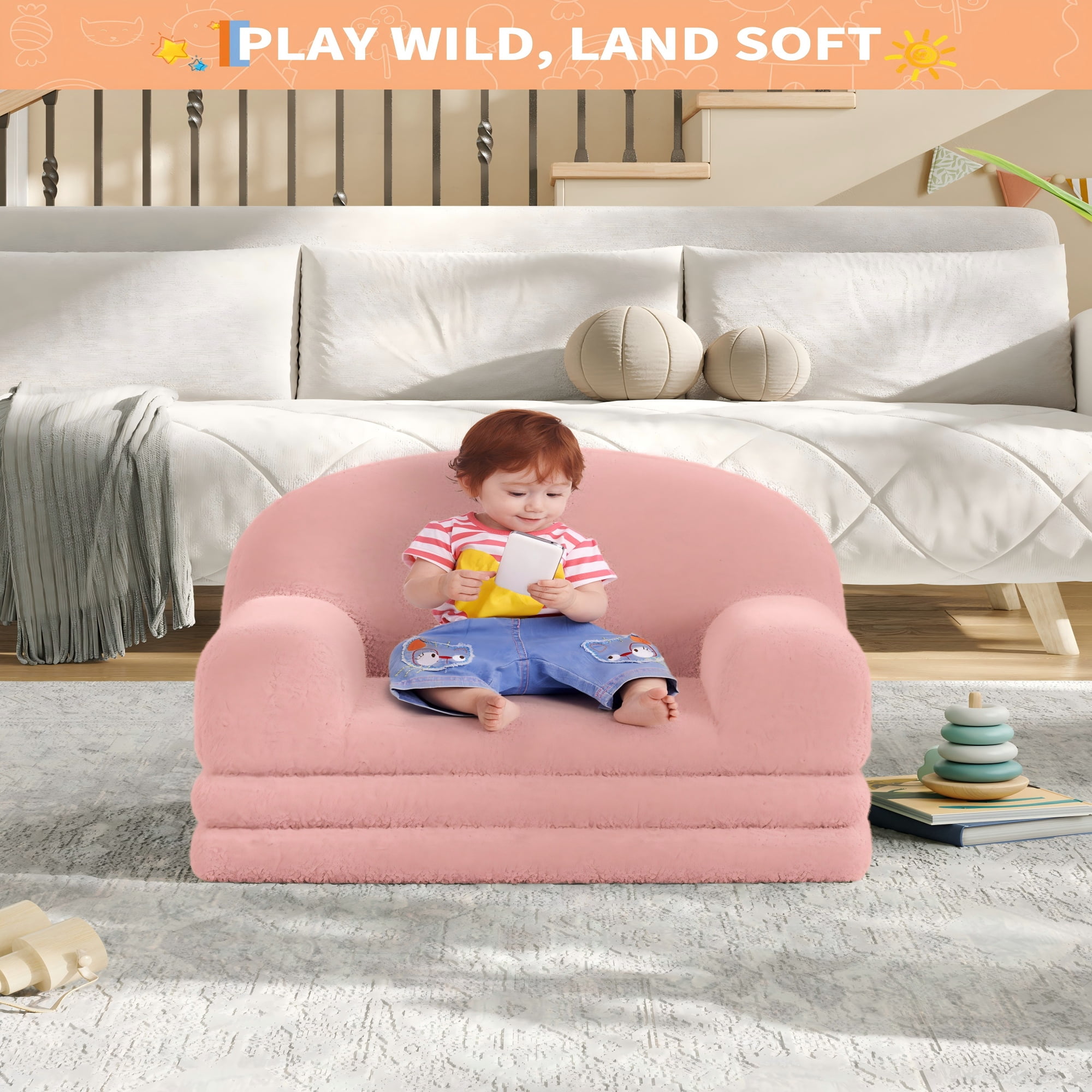 COZONY 2-in-1 Kids Sofa Chair, Convertible Toddler Couch Lounger, Fold-Out Teddy Fleece Sofa Bed