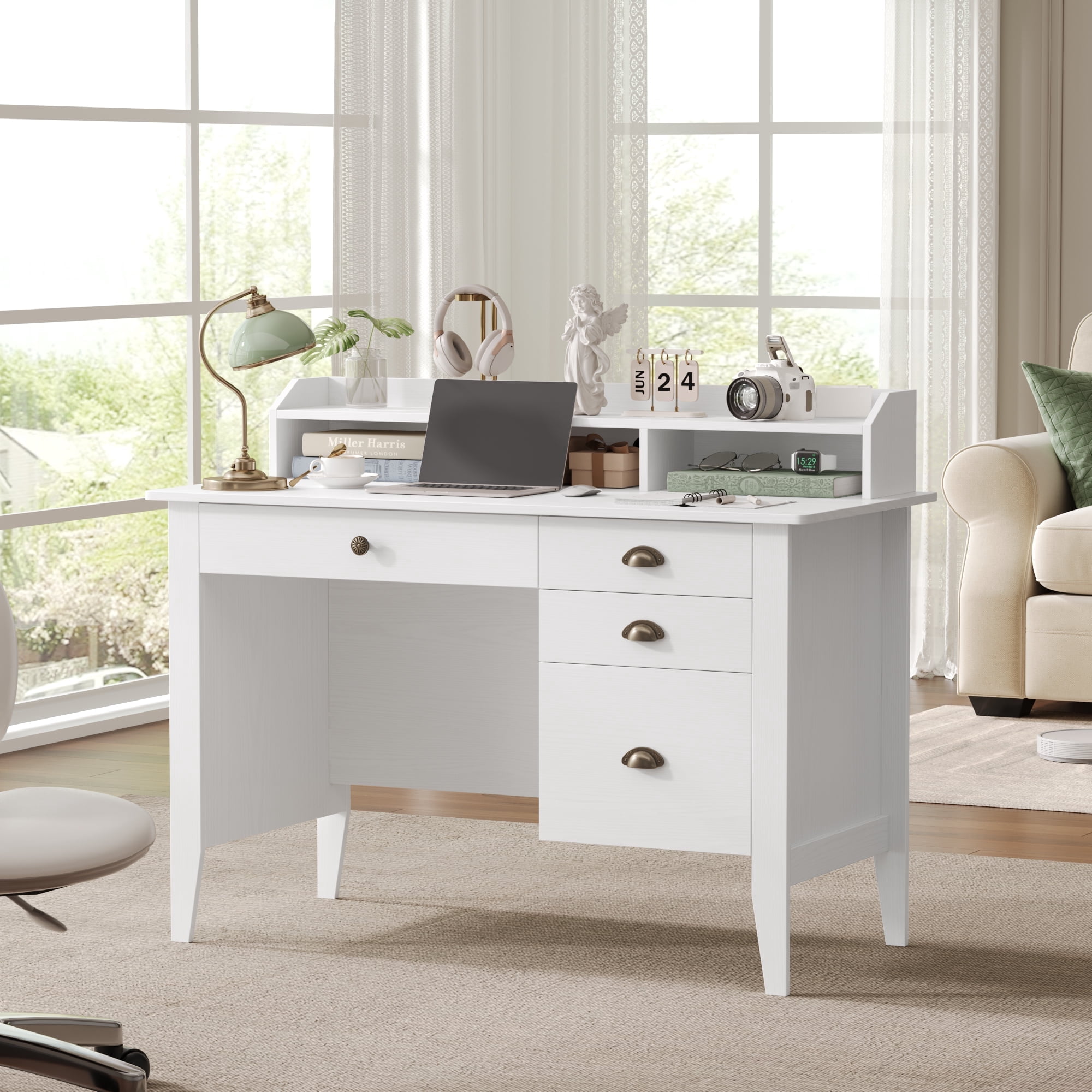Homfa 47.2 Inch White Computer Desk with Drawers & Cabinet, Home Office Desk with Cable Management, Study Writing Desk for Bedroom Living Room