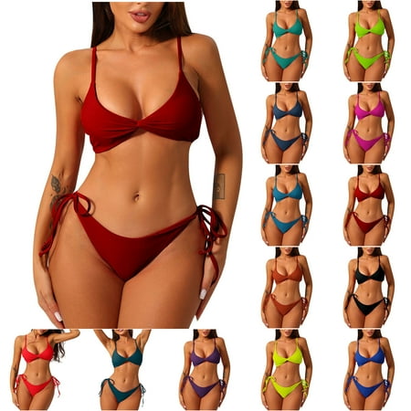 Feancey Triangle Bikini Sets for Women with Tie Side Bottom Wrap V Neck Thong Bathing Suits Solid Casual High Cut Swimsuit 2 Piece Beachwear Holiday Clearance Wine M