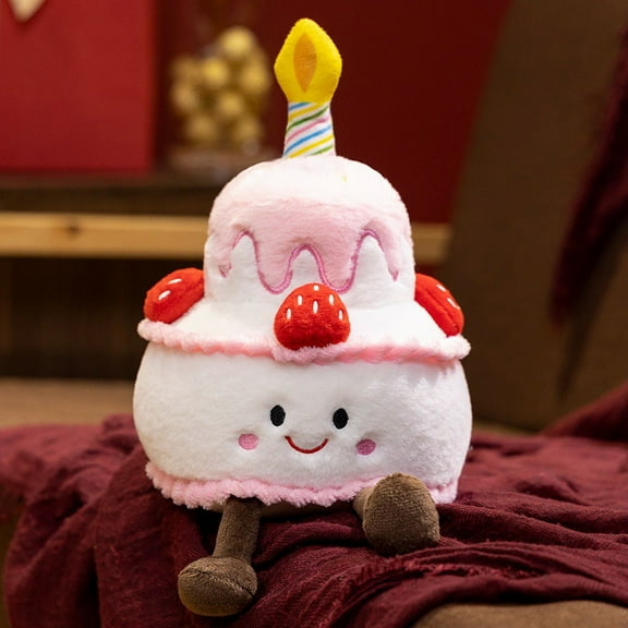 Cute Birthday Cake Plush Kawaii Soft Strawberry Plush Music Light Stuffed Food Cake Pillow Candle Party Decoration Kid Toy Gift (White with Music)