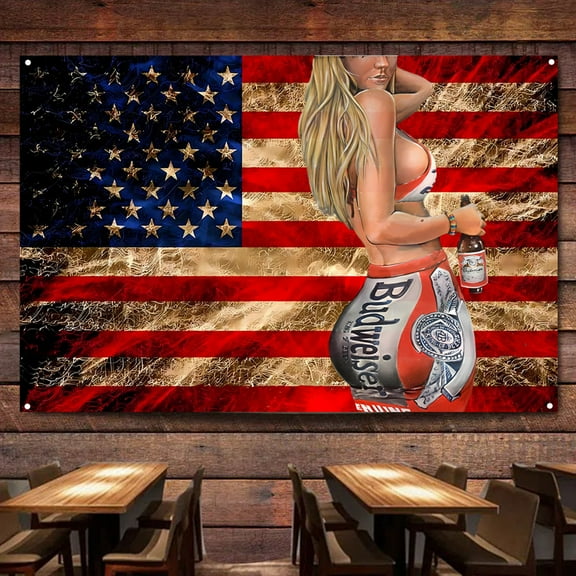 Vintage American Flag Beer Girl Poster Prints 38" x 57" Wall Art Hanging Banner Home Decor