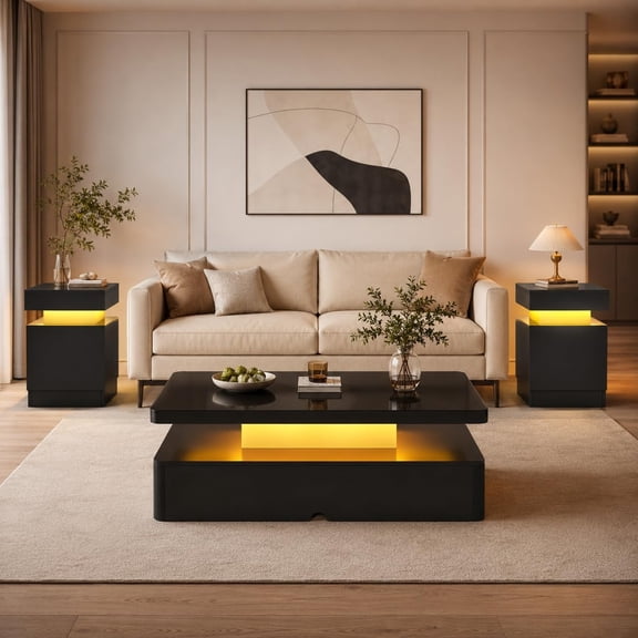 3 Piece Living Room Table Set, 40'' LED Coffee Table & 2 LED End Tables w/Storage, Modern High Gloss Coffee Table Set for Living Room, Black