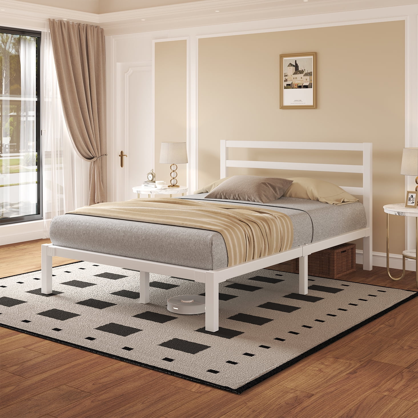 Queen Size Bed Frame, Heavy Duty Platform Bed Frame with Strong Metal Foundation, Under Bed Storage, Mattress Foundation, White