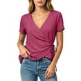 thumbnail image 2 of TGSLY Wrap Front Linen Tops for Women Lightweight Soft Deep V Neck Short Sleeve Shirts Dressy Casual Side Tie Knot Solid Color Blouses XXXL, 2 of 8