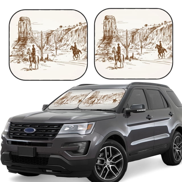 Saiise Western Desert Cowboys for Foldable Car Sun Shades (2-Pack) Offer Sun Protection with an Easy-fold Design for Convenient Windshield Shading-Large
