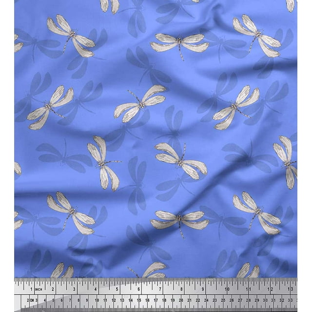 Soimoi Tissu Crêpe de Rayonne Bleu Ombre & Insecte Libellule Imprimé 1 Yard 46 Pouces de Large