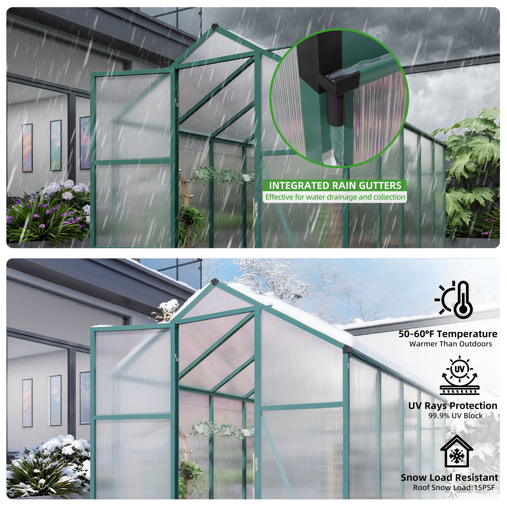 MAYEERTY 6x10 FT Walk-in Greenhouse with Raised Base, Aluminum Frame, All-Season Windproof Outdoor Greenhouse