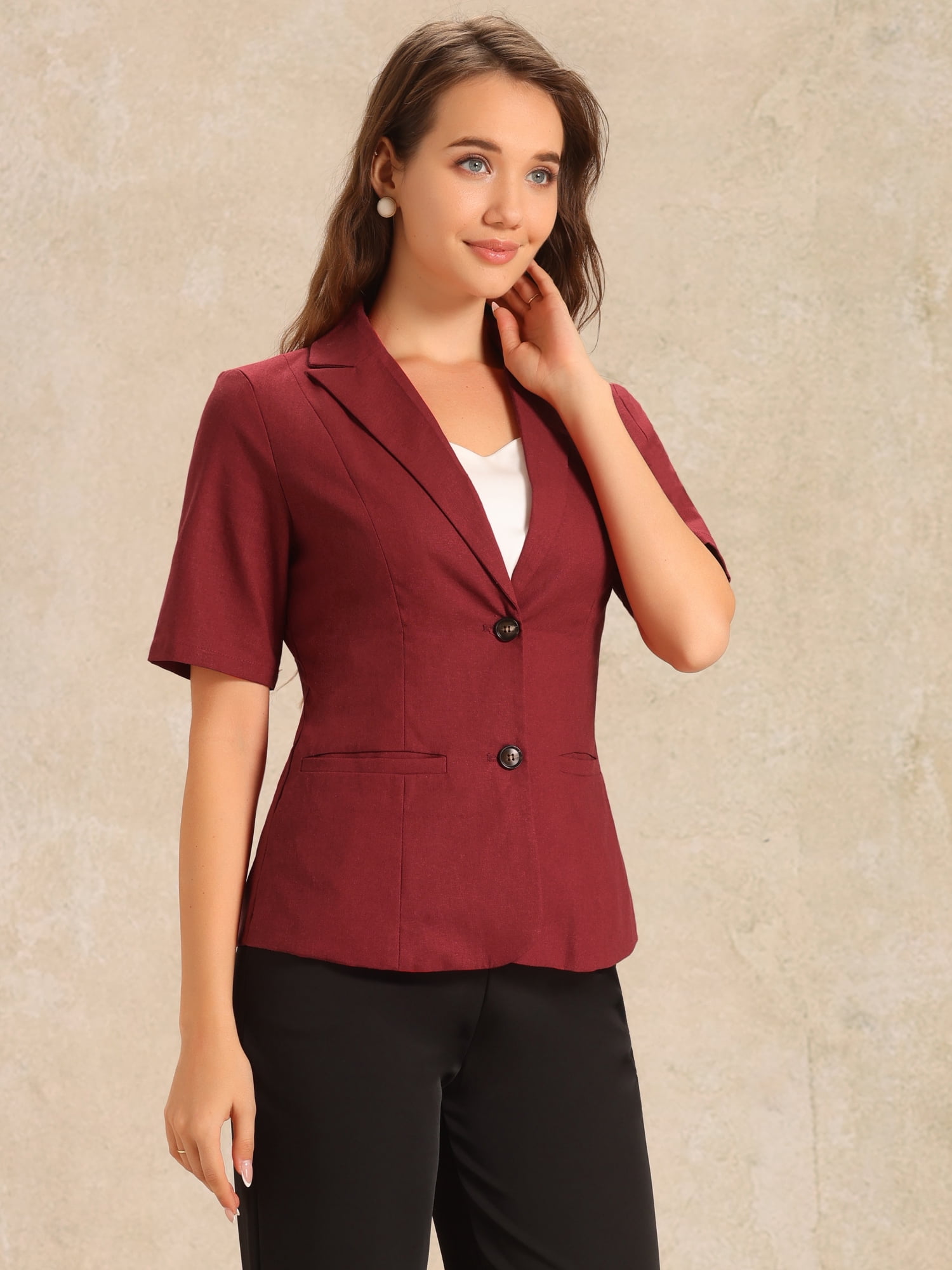 DARING DIVA Women's Cotton Linen Short Sleeve Blazer for Work Office S Dark Red