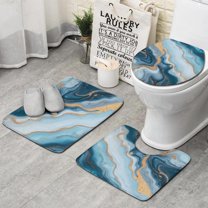 Blue Marble Gold Wave Pattern Bathroom Rugs Sets 3 Piece,Toilet Cover Set,Absorbent Non Slip Bathroom Mats Sets with U-Shaped Contour Rug Toilet Rug Set