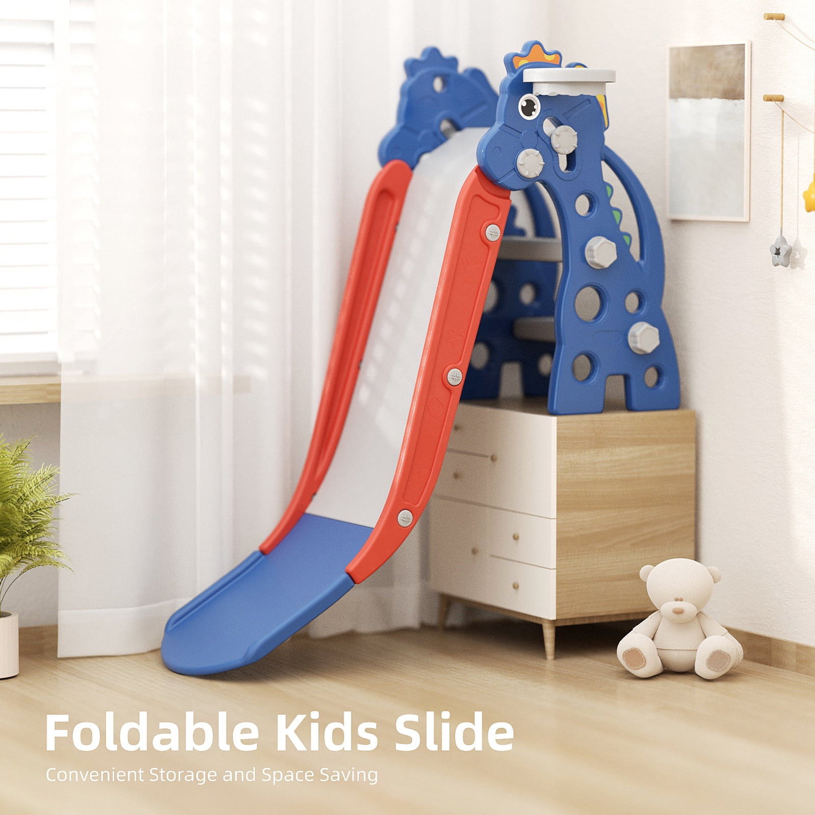 KORIMEFA Toddler Slide Indoor for Toddlers 1-3 Baby Slide Outdoor Playset with Basketball Hoop and Ball Plastic Foldable Slides for Kids Backyard Climber Set, Blue