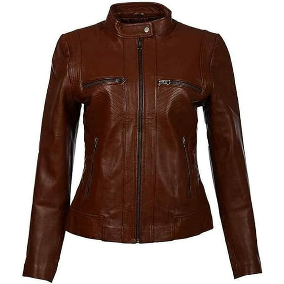 HOT! Women's Genuine Brown Lambskin Leather Jacket Slim Fit Biker jacket Coat W477