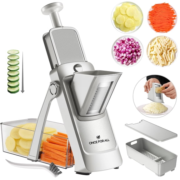 ONCE FOR ALL 5-in-1 Vegetable Slicer with Container - Adjustable Mandoline Chopper, Slicer, Dicer, Grater for Kitchen, Stainless Steel with 0.1-8mm Thickness & Dishwasher Safe Food Prep Tool