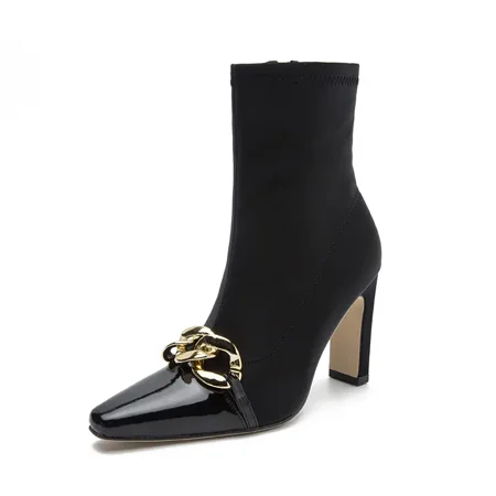 

Women‘s Pointed Toe Short Boots Block High Heel With Metal Decoration Shoes Women‘s Footwear