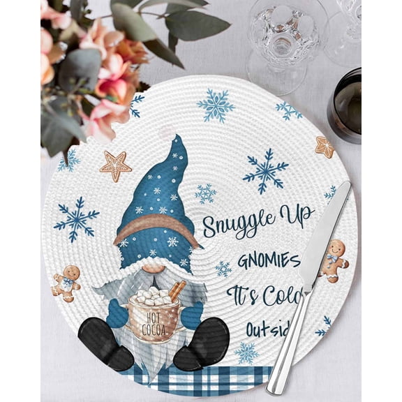 15 Inch Round Placemats Set of 4, Christmas Non Slip Heat Insulation PP Table Mats, Xmas Gnomes Snowflakes Gingerbread Man Washable Place Mats for Kitchen Dining Party Table Decor
