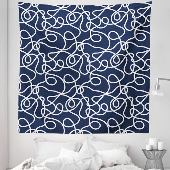 Navy Tapestry, Under the Sea Atlantic Ocean Inspired Tangled Boat Ship Marine Image Print, Fabric Wall Hanging Decor for Bedroom Living Room Dorm, 5 Sizes, Navy Blue and White, by Ambesonne