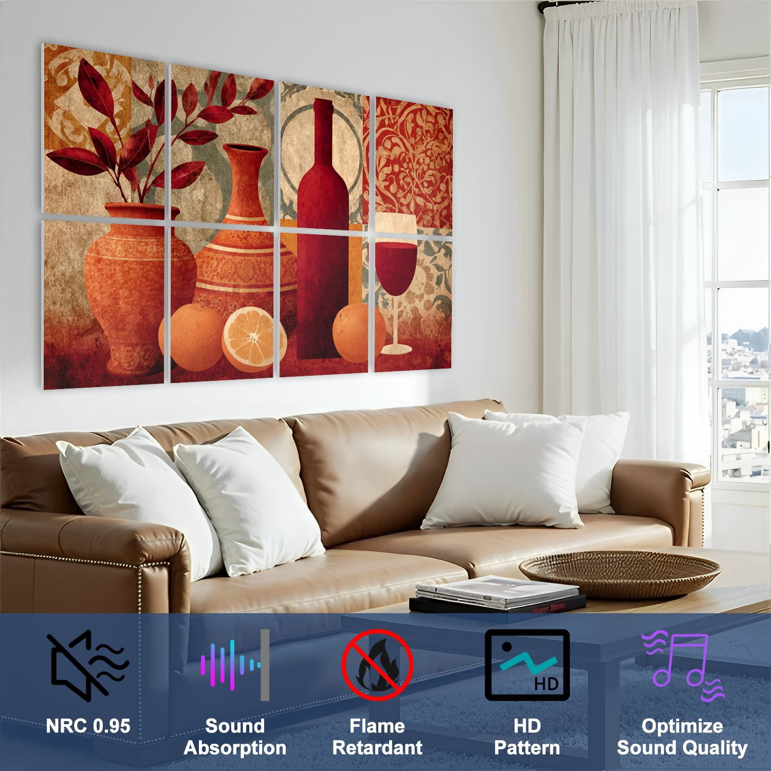 8 Pack Art Acoustic Panels Sound Absorbing Kitchen Living Room Dining Room Wine Glass Mural Still Life Abstract Decorative Soundproof Wall Panels Self Adhesive for Nursery Game Room Bedroom 48"x32"