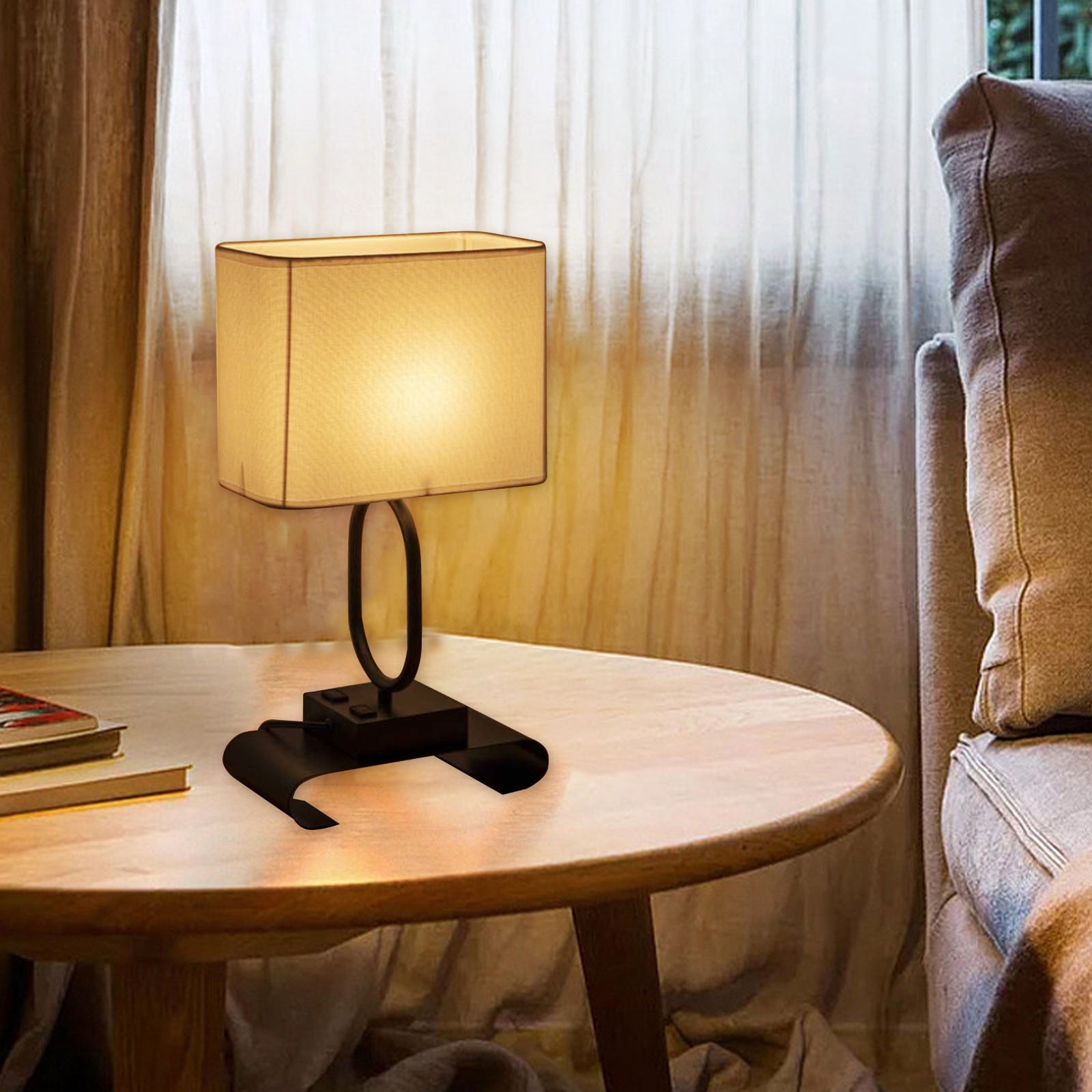 Bedside Table Lamp with 2 USB Charging Ports and 2 AC Outlets, Fabric Linen Shade Desk Lamp for Bedroom, Living Room, Office, Adjustable Brightness, Reading, Work, Eye-Caring Light