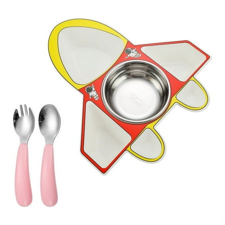 JVMU Kids Airplane Food Plates 4 Grids with Stainless Steel Spoon and Fork Set for Baby Toddler Self-Feeding Training, Red