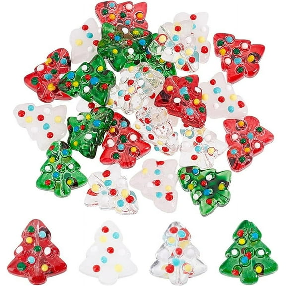24pcs 4 Colors Christmas Tree Beads, Lampwork Glass Xmas Tree Red Green Spacer Loose Bumpy for Earring Bracelet Jewelry Making Christmas Decoration