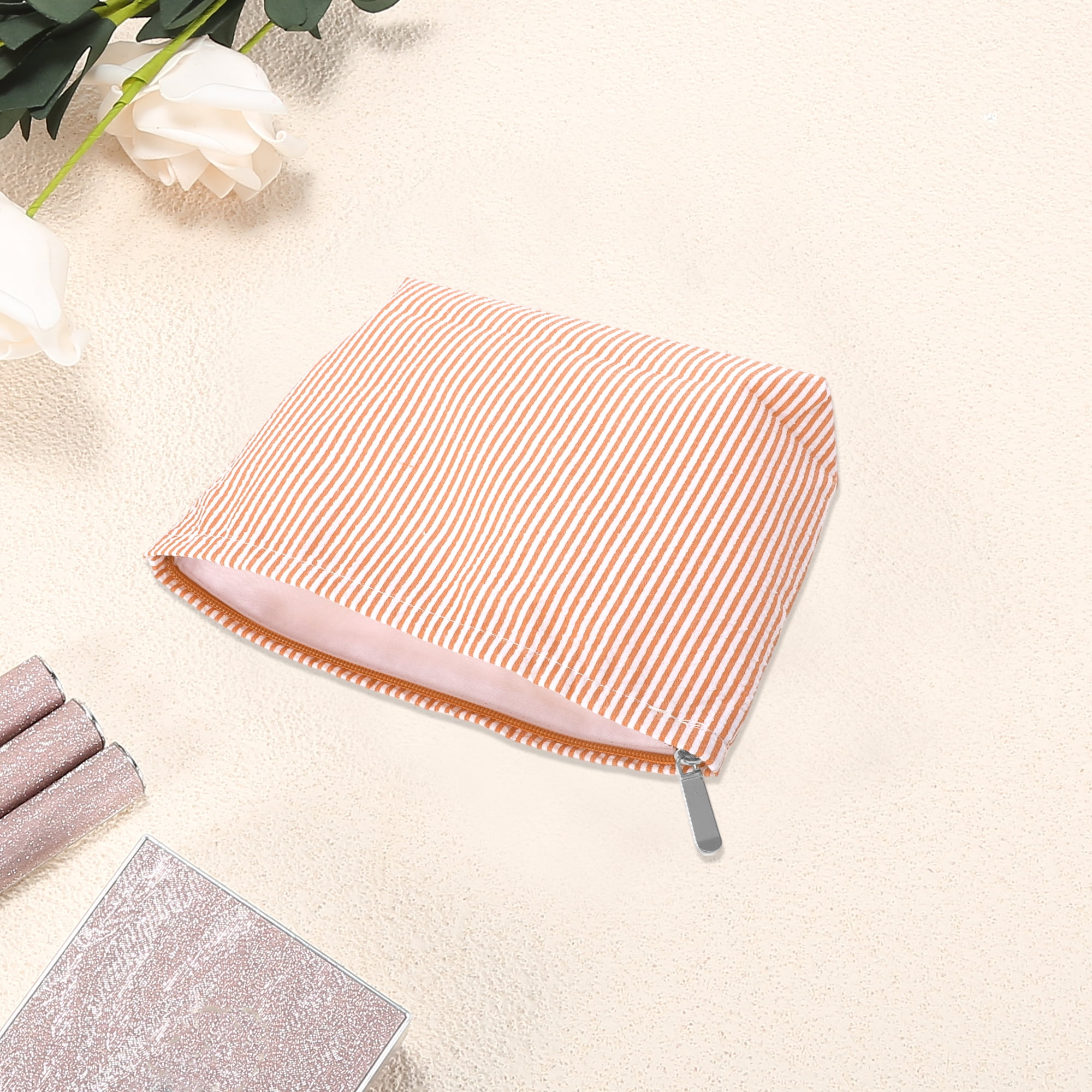 Unique Bargains 1 Pc Seersucker Stripes Makeup Bag Orange