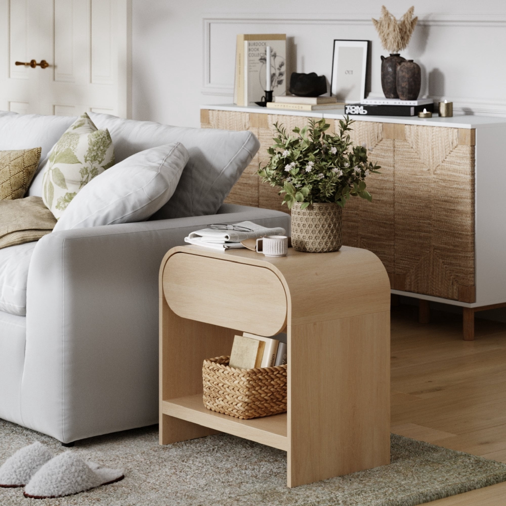 Nathan Jamea Iris Mid-Century Modern Nightstand with Drawer, End Table with Storage for Bedroom or Living Room with Rounded Silhouette, Light Oak