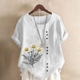 thumbnail image 2 of Women's Cotton Linen Tees Crew Neck Short Sleeve Tunic Tops Floral Casual Loose Fit Shirts Button Down T -shirts (White,XL), 2 of 5