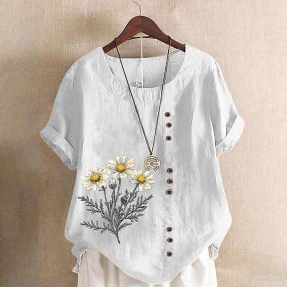 Mifsaly Womens Summer Tops Short Sleeve Crewneck Linen Shirts Floral Print Side Buttons Summer Boho Top Lightweight Leisure Casual Work Blouses S