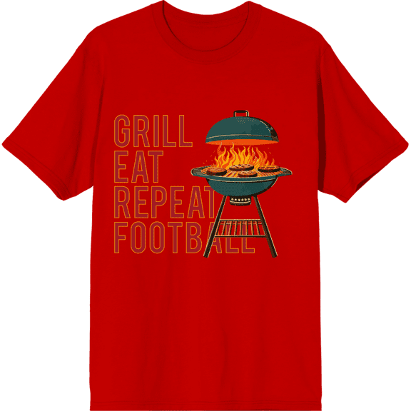 Grill, Eat, Repeat, Football Adult Red Crew Neck Short Sleeve Tee-Medium