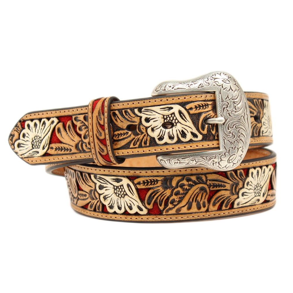 Nocona Nocona Western Belt Mens Leather Embossed Floral Red Tan