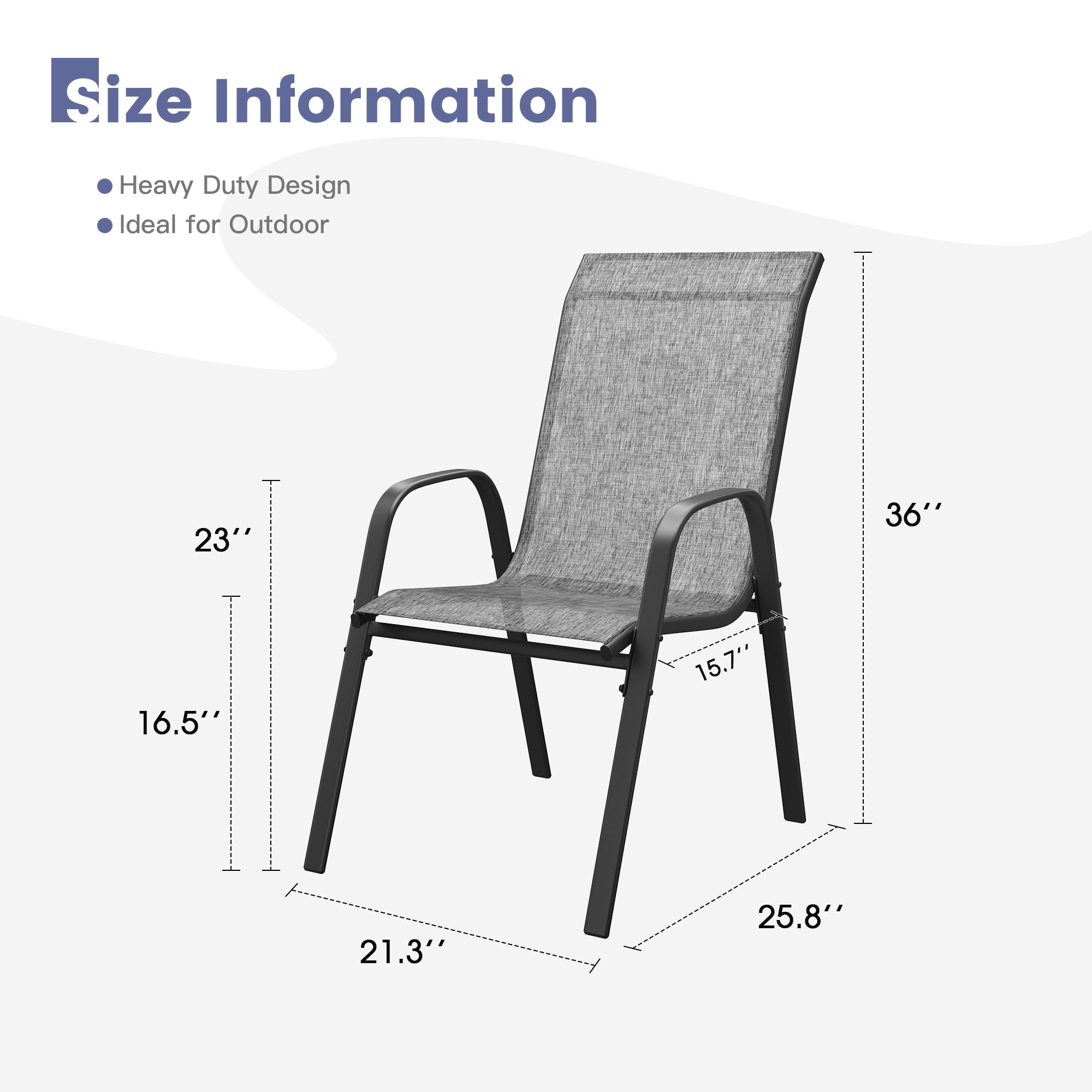 Vicllax Stackable Patio Dining Chairs Set of 6 , Modern Textilene Outdoor Chairs with Metal Frame for Garden, Backyard, Poolside, Gray