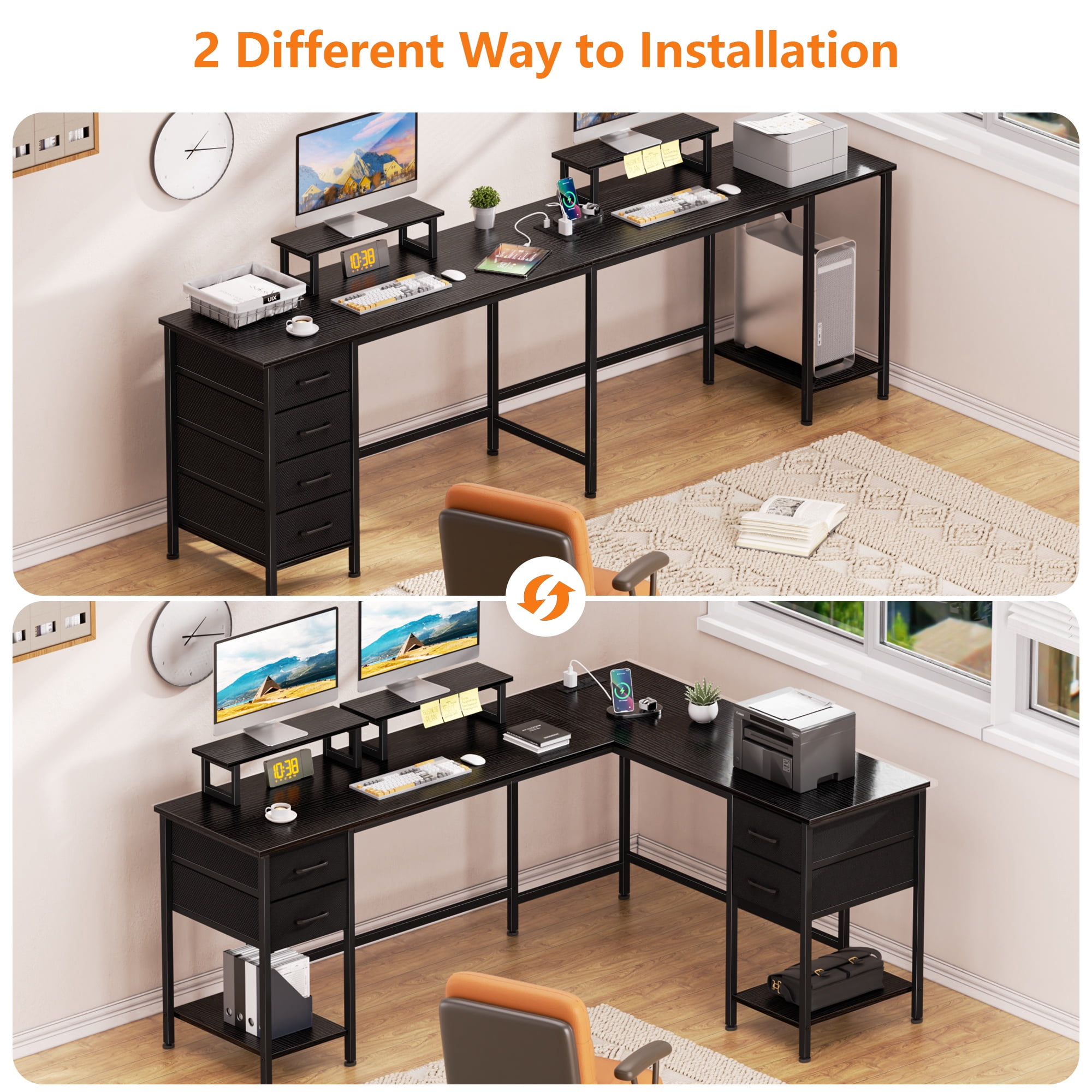 Satifur 66" L-Shaped Desk with Power Outlets, 4 Fabric Drawers & 2 Monitor Stands, Convertible Two Person Home Office Desk,Black