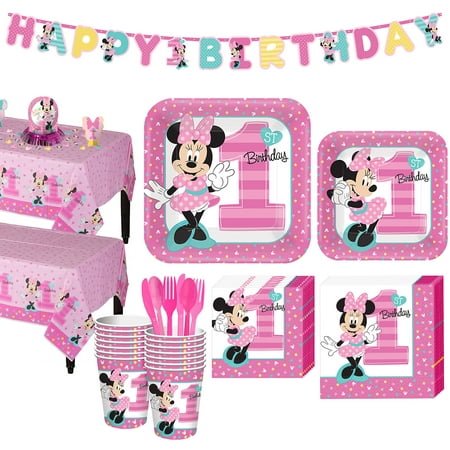 1st Birthday Minnie Mouse Party Kit for 16 Guests, with Table Decorating
