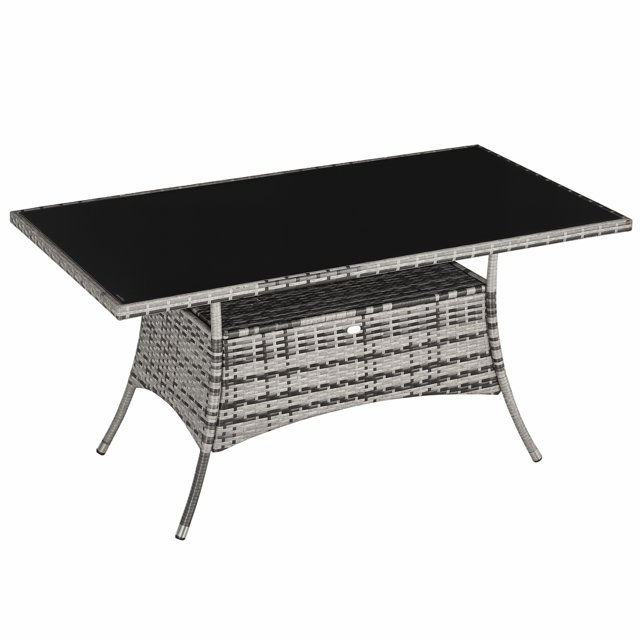 Outsunny Table de Salle à Manger en Rotin pour Patio avec Dessus en Verre Trempé, Tablette de Rangement