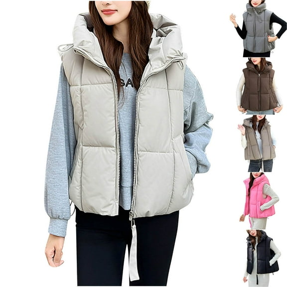 Oksale Quilted Puffer Vest for Women Casual Full Zip Outerwear with Hood Sleeveless Jackets with Pockets Soft Cozy Winter Overcoats Gray M