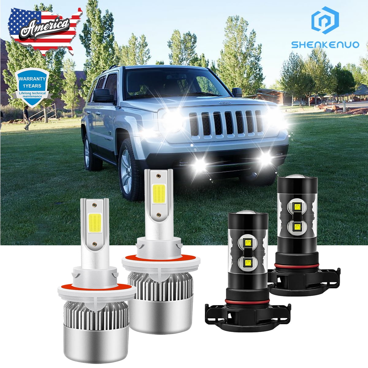 For Jeep Patriot LED 6000K White Headlights High/Low Beam + Fog Light
