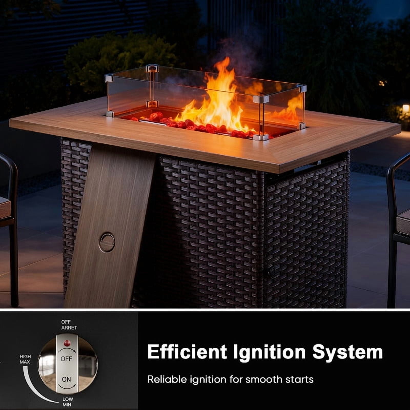 Giantfurnni 41" Propane Fire Pit Table with Lid, Outdoor Wicker 50,000 BTUs Rectangle Gas Fire Pit Table with Glass Wind Guard and Lava Rocks for Balcony Porch Deck