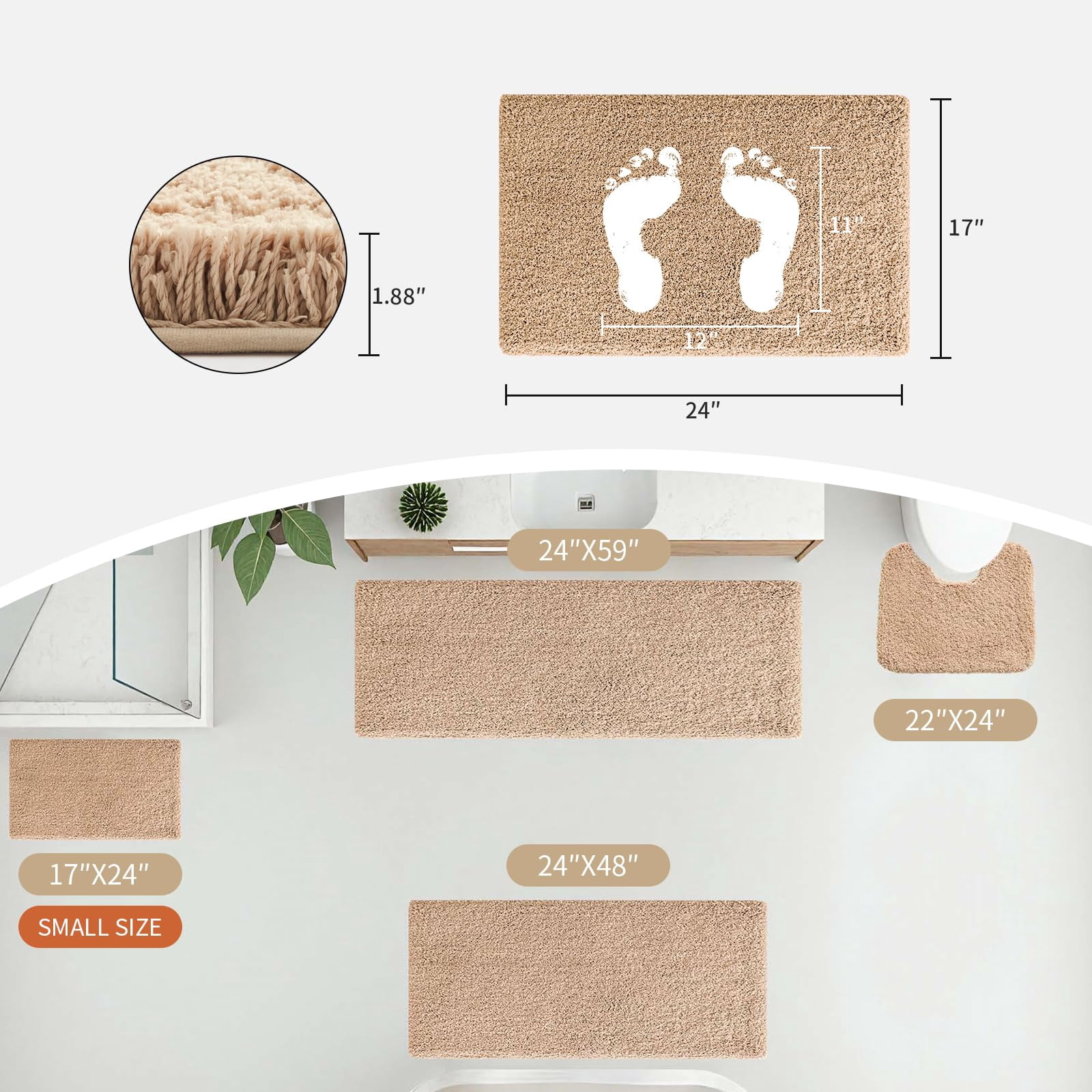 White Bathroom Rug 17x24 Non-Slip Plush Bath Mat Highly Absorbent Ultra Soft Fluffy Floor Mat Machine Washable for Shower Tub