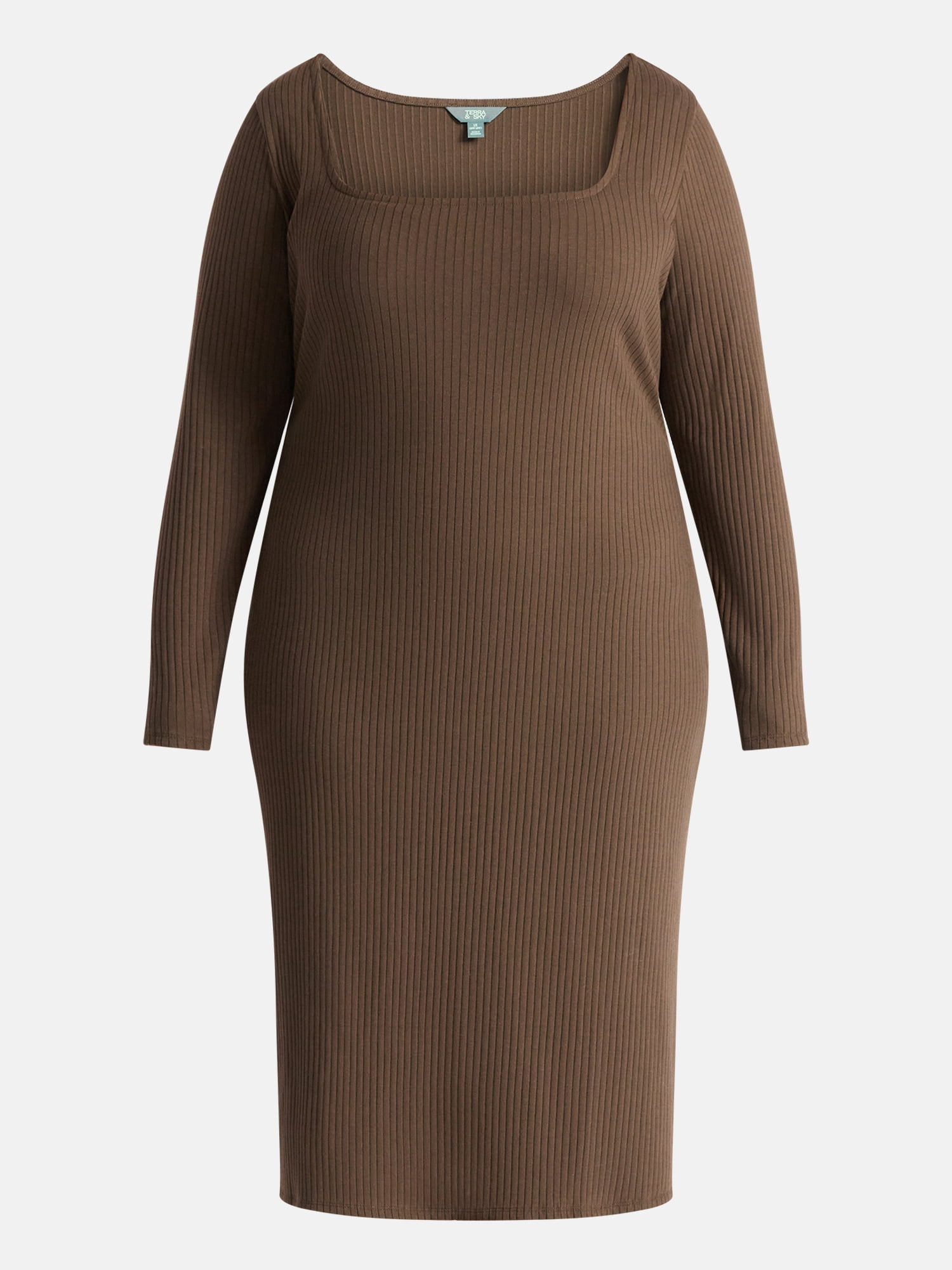 Terra & Sky Women's Plus Long Sleeve Ribbed Midi Dress, Sizes 0X-5X