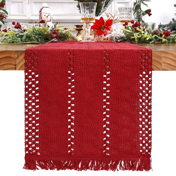 Camino de mesa Alynsehom, macramé navideño, algodón rojo, 30 x 180 cm