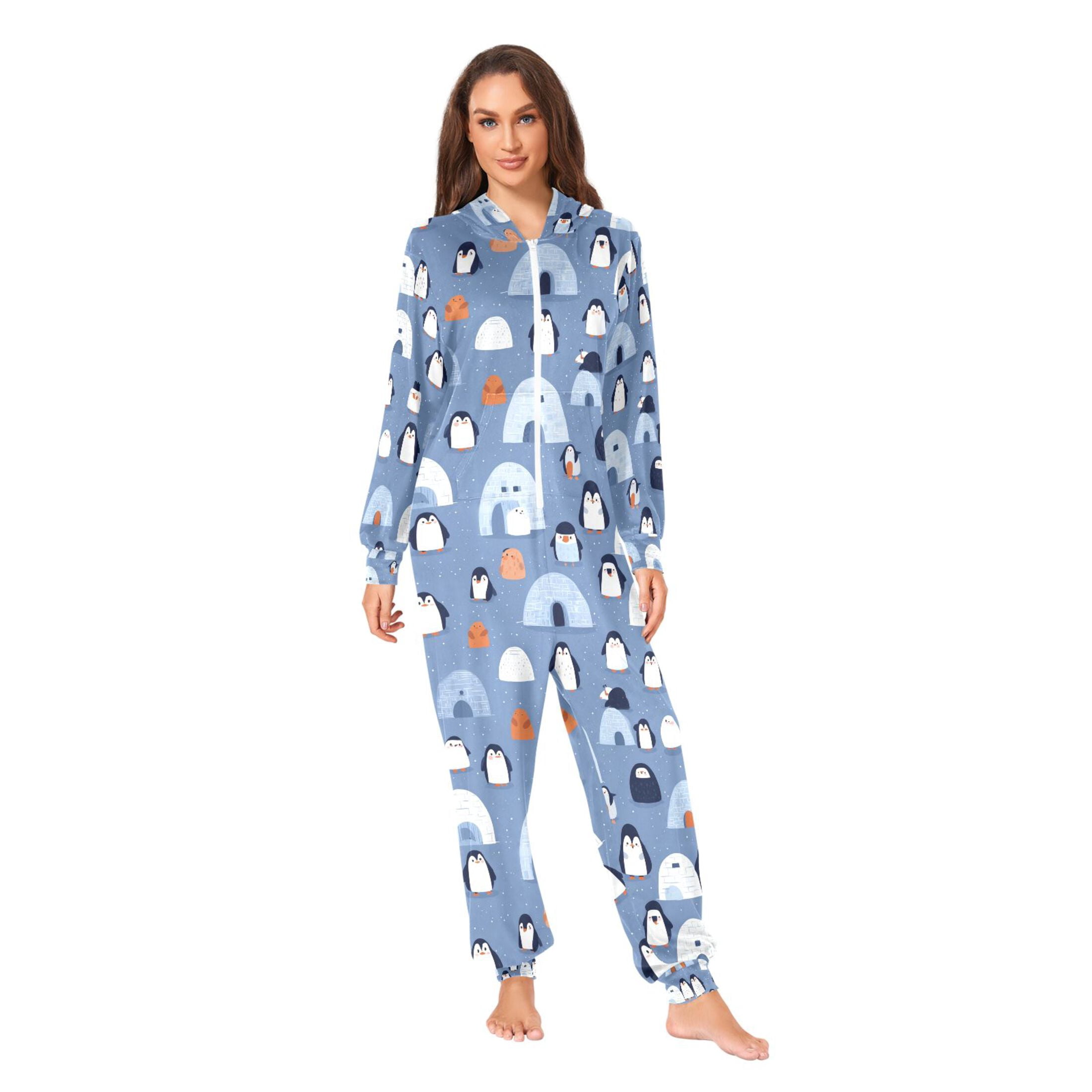Adult Christmas Onesie Igloo Penguin Adult Zipper One-Piece Pajamas Unisex Pajamas with Pockets