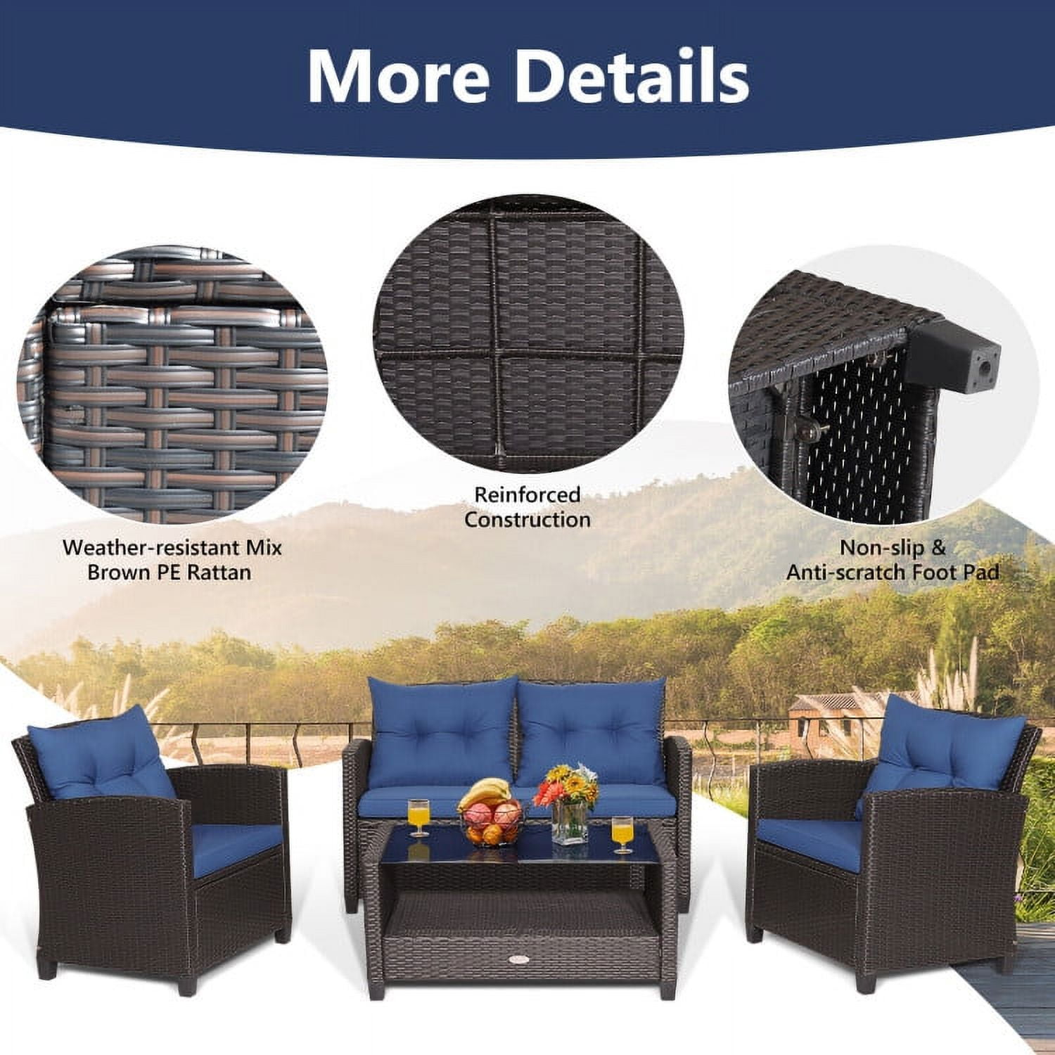 Aimee Lii 4 Pieces Wicker Patio Furniture Set with Tempered Glass Coffee Table, Wicker Outdoor Sectional, Navy Aimee Lii 4 Pieces Wicker Patio Furniture Set with Tempered Glass Coffee Table, Wicker Outdoor Sectional, Navy
