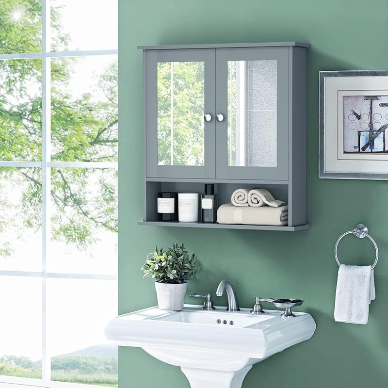 Bathroom Medicine Cabinet with Mirror, Wall Mounted Wooden Hanging Organizer with Doors and Shelves, Bathroom Wall Mirror Cabinet